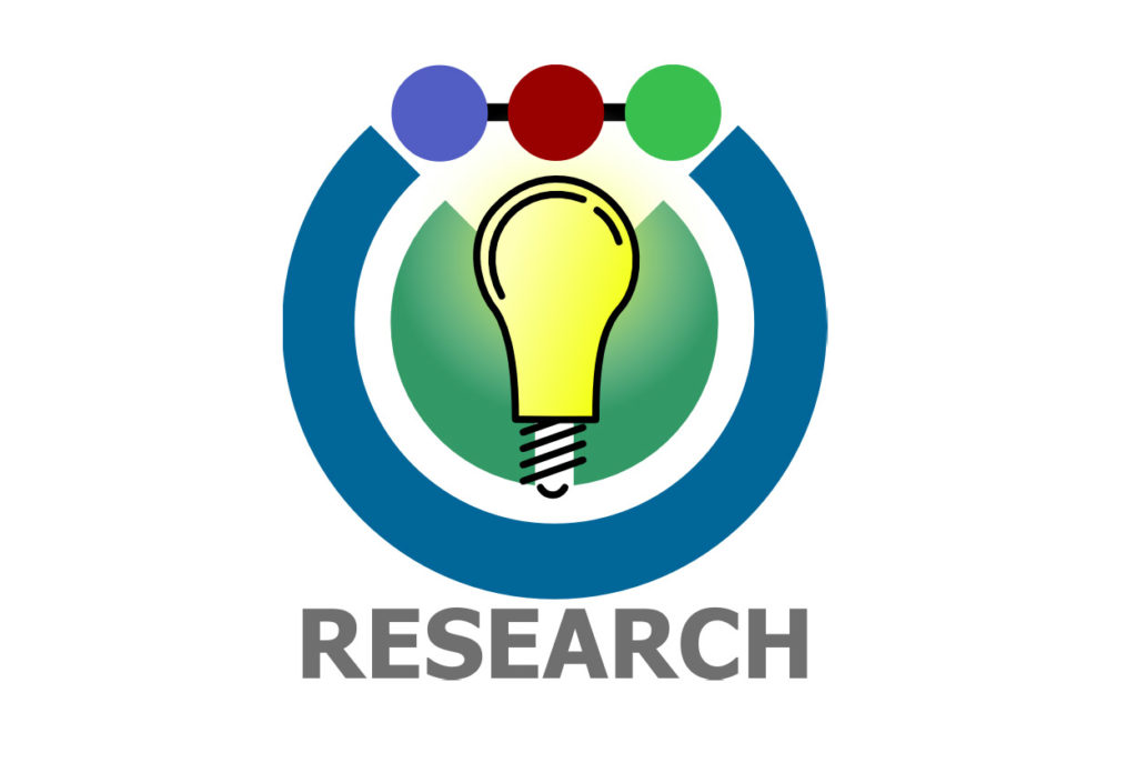 Research icon with a light bulb in multi-colored cricles