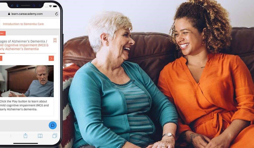 Screenshot of CareAcademy app alongside senior women and caregiver