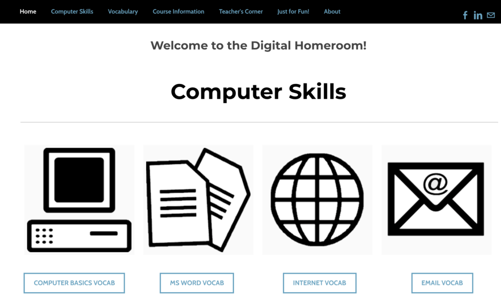 A preview of the Digital Skills homeroom showcasing the various topics learners can engage,