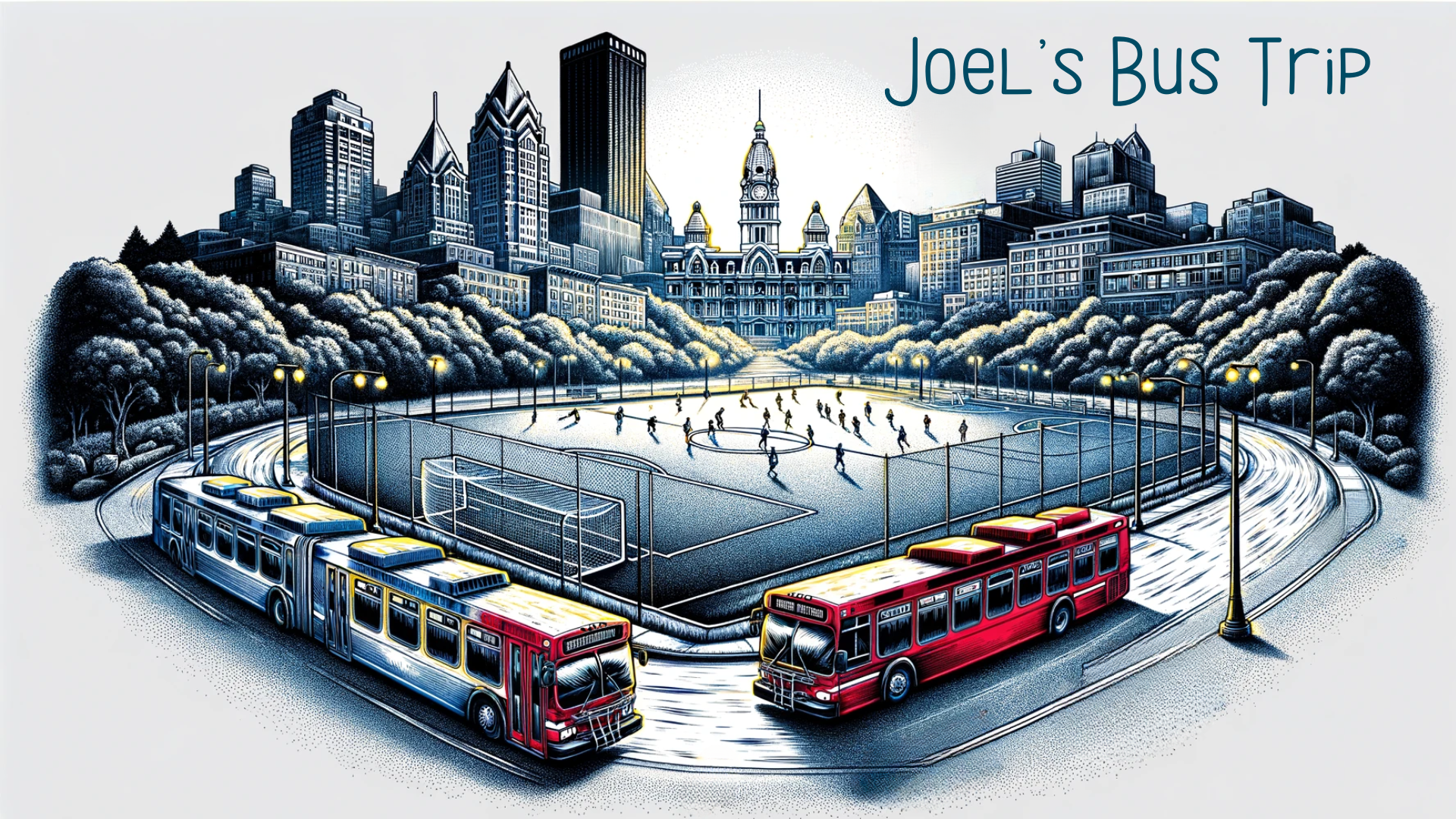 An illustration of a soccer field in a city generated by artificial intelligence. Text on the top right reads "Joel's Bus Trip".